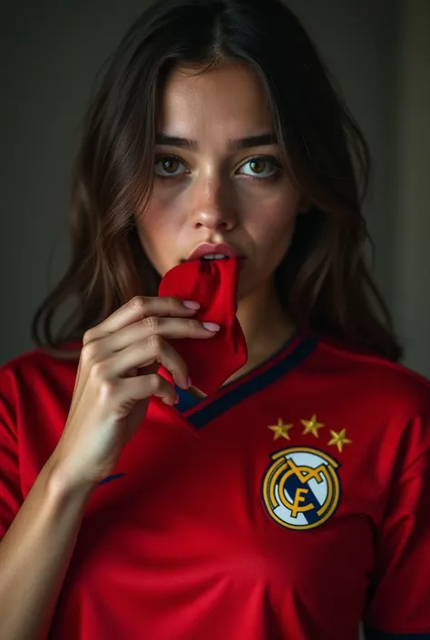 Without showing your face, take a picture, eat a red team jersey.,  sad Brazilian woman , Do it now at the age of 25 