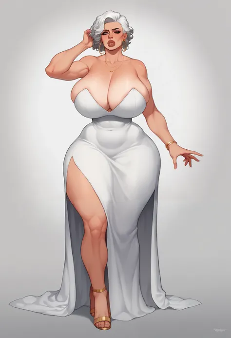 full body, Anatomically correct, Gilf, old Jewish woman, high cheekbones, curly hair, white hair, big lips, glossy lips, tall, curvaceous, wide hips, massive breasts, huge ass, white bodycon dress, hoop earrings, pale skin