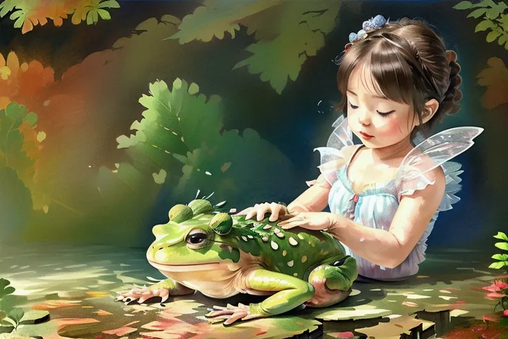 Print an illustration of a frog fairy with a human body and a cute face playing with a 、 jigsaw puzzle