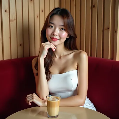 A beautiful Japanese woman with fair skin and straight brown hair is sitting on a red velvet sofa in a coffee shop. She has a slender figure and large breasts, which are emphasized by a tight white tube top. Her posture is neutral, with a slight smile. She...