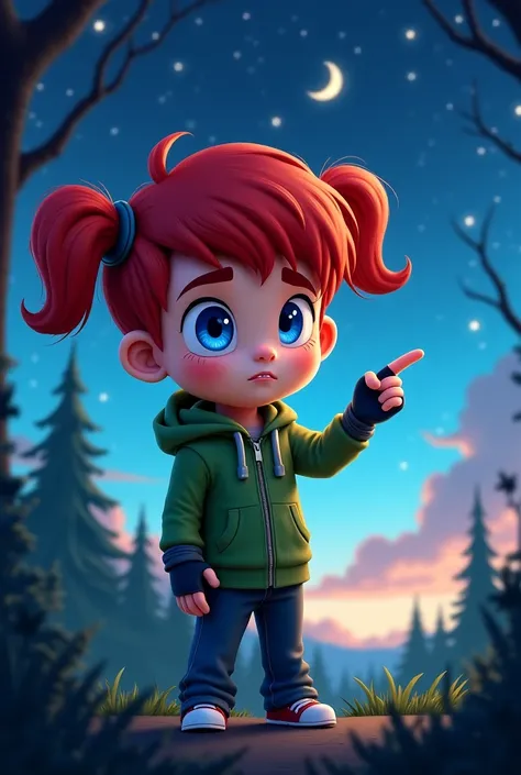 detailed background, superb, cartoon boy, flustered, concentration, casting spell, solo, blue eyes, gloves, twintails, red hair, outdoors, sky, day, green hood, fingerless gloves, tree, pointing, zipper, darkness, vibrant colors, dark background, highly de...