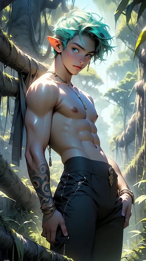 elf,green hair,beautiful male elf, handsome elf, skinny male fantasy alchemist, beautiful androgynous prince, a male elf, elven male, male art,

(muscle,pectoral,man chest,muscular),25 year old man,young,((1male,1 male,1man,man,male gender:1.5,handsome man...