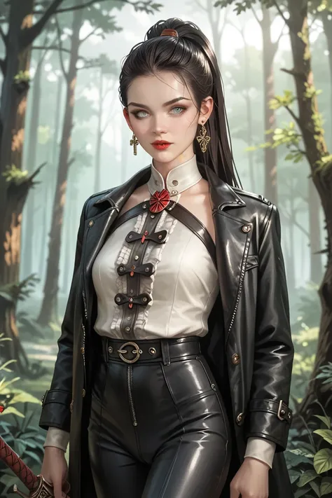 A young beautiful korean woman shemale, bulge, dark haired, pale skin, light grey eyes, long hairs, red lips, dressed, long black leather coat, leather pants, blouse, sword with sheath, cross bow, earring, vampire hunter style, renaissance style, no smile,...