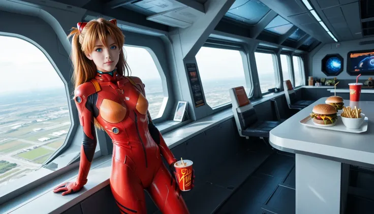 "Overhead dynamic angle, ultra-detailed close-up illustration. A stunningly realistic depiction of a girl resembling Souryuu Asuka Langley from Evangelion in real life. She has red hair and is wearing a red bodysuit (1.4) with an interface headset. Her blu...