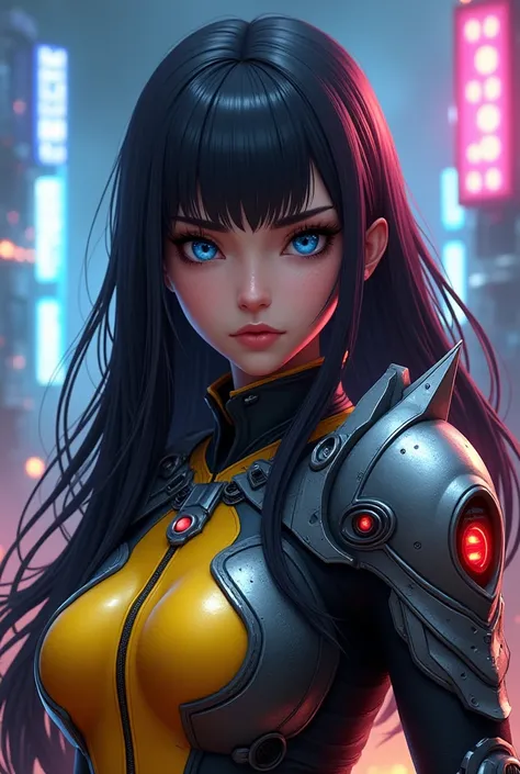  A warrior from the game Call Duty Mobile,  with long hair, dark and smooth with fringe ,  intense blue eyes and a confident expression .  She wears a futuristic armor with shiny metallic details ,  combined with a vibrant yellow costume .  Her right arm i...