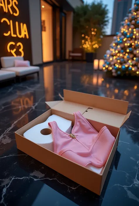 A top view of a beige gift box containing toilet paper and a pink victorias secret one piece swimsuit 

It’s on a table on a spacious luxury rooftop in New York at night. The setting features black marble flooring, a golden Barcelona sign on the wall, and ...