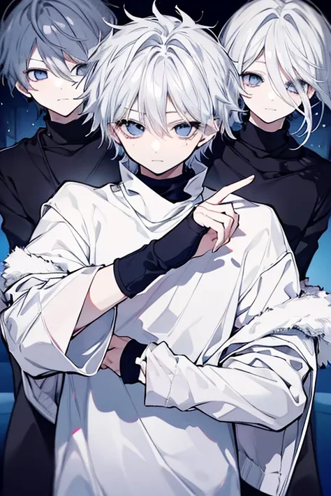 Killua=Zoldyck、 handsome、 cool 、Fluffy silver hair、Long, sharp eyes、Laugh suspiciously、Tempting Eyes、 cool 、 cold eyes、Assassins Eye 、 Muscular Body 、navy blue turtleneck、 white t-shirt、