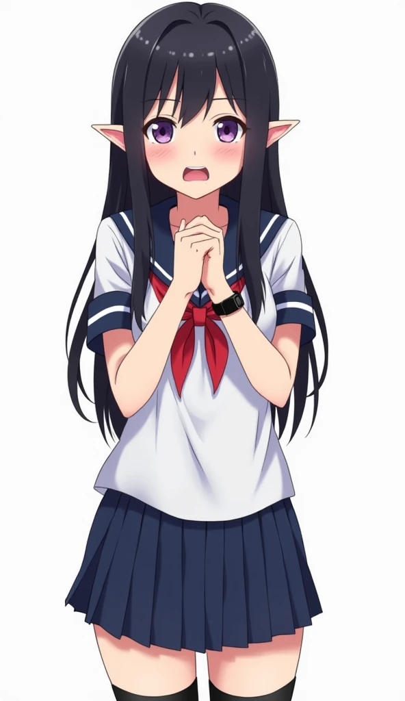 Teenage anime woman with long black hair and purple eyes and elf ears and has a characteristic appearance of Japanese school uniforms.  She wears a white short-sleeved blouse with navy blue details and a red ribbon tied around the neck.  Her skirt is short...