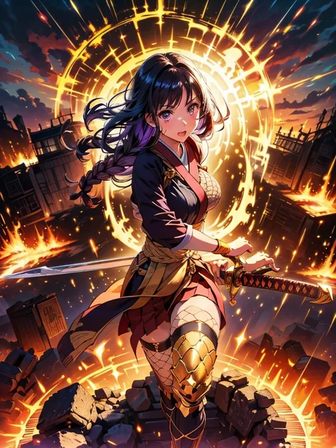 (highest quality)), ((masterpiece)), (((4k)))、(Familiar), Perfect Face,Shiny skin,Beautiful breasts,Shiny skin、Golden Eyes、Sunburned skin、night、Holding a Japanese sword、ruins、Combat Stance、Fishnet tights、Braided Hair、spats、inner、Purple clothes、Wearing a go...