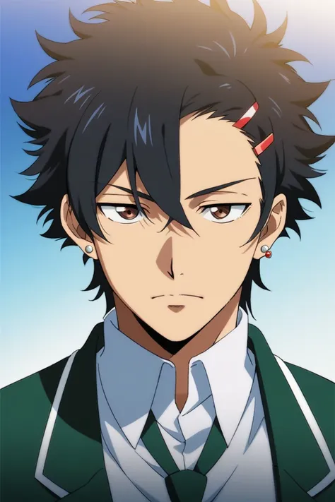 Solo, Looking at viewer, Black Hair, Earrings, Anatomically Correct, Masterpiece, UHD, Short hair, Messy Hair, Kuudere, Highschool Uniform, Classroom background, Hair Clip, Anime,