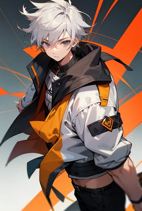 Young boy with gray hair wearing a jacket on his back