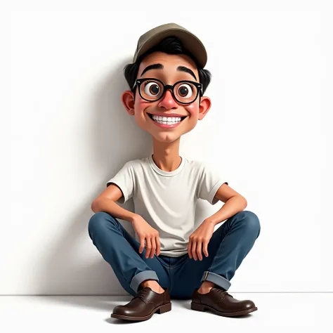 create image photorealistic digital painting of a funny modern malay man caricature, wearing a white round neck shirt, blue jeans, dark brown shoes, cap and glasses, relaxed expression with big eyes wide open, sitting casually leaning against the wall, whi...