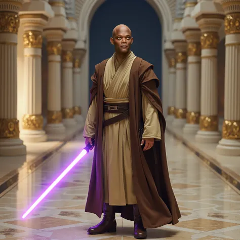  Use this image and create a man with the same face and skin color (( realistic )) that he is bald.  She wears tan and brown Jedi robes .  Wear brown boots . He carries in his right hand a single-bladed purple lightsaber..  He is standing in the middle of ...