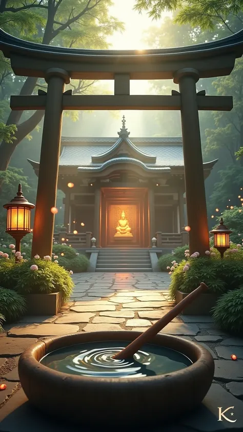 "A mystical and serene image of a sacred shrine known for its powerful energy to purify the mind and body, enhance financial prosperity, and boost business fortune. The scene features a grand torii gate marking the entrance to the sacred grounds, with a st...