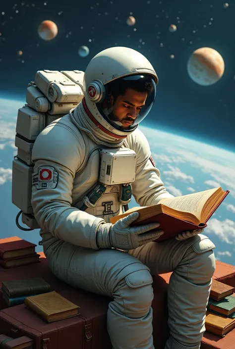 Astronaut reading philosophy book with books and planets in the background 