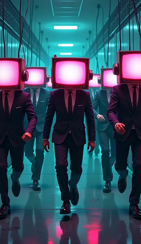  Multiple men in security suits who are the heads of cathode-ray tube televisions are running away、 The background is a drawing 、Mysterious wiring 、 illustration, delicate outline, cyberpunk neon coloring with an anime touch 