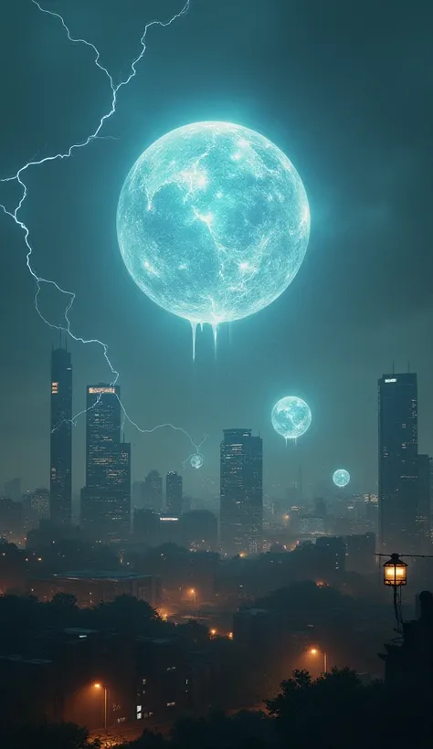 realism, Several luminous orbs flying over a city on the horizon causing electrical interference causing lights to flash
