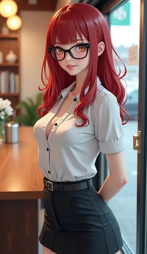  Japanese girl )、 (Cute Japanese Girl,   very slim body :  big breasts close to collapse 、wearing black frame glasses、 redhead&#39;Cheek、, cheeky face ), belt, White skin, Elegant,  feeling of cleanliness , Thin eyebrows, ( Big eyes that unfold with sexual...