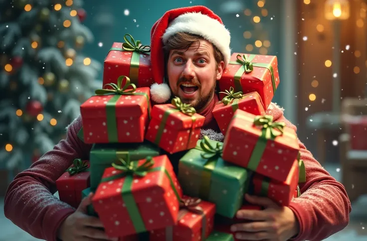 A European-looking man with short light brown hair (closer to soft brown), shown from the waist up, wearing a festive red and white Santa hat. His arms are overloaded with an absurdly large number of colorful, wrapped presents in various sizes, tied with r...