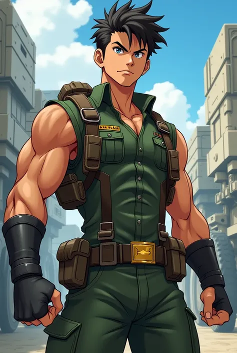 You create a character with , Without Beard, with curls,  muscles dressed as a military man and around 17 to 20 years old, With ANIME style