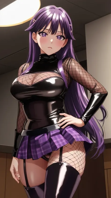 8k Masterpiece ,  color spots ,  high resolution,  very detailed face , detailed computer graphics, one,   girl , Chizuru-chan Kaihatsunikki, mature,  sexy , spread pussy,  purple hair ,  long hair ,  hair clip ,   purple eyes, ((black latex pleated skirt,...