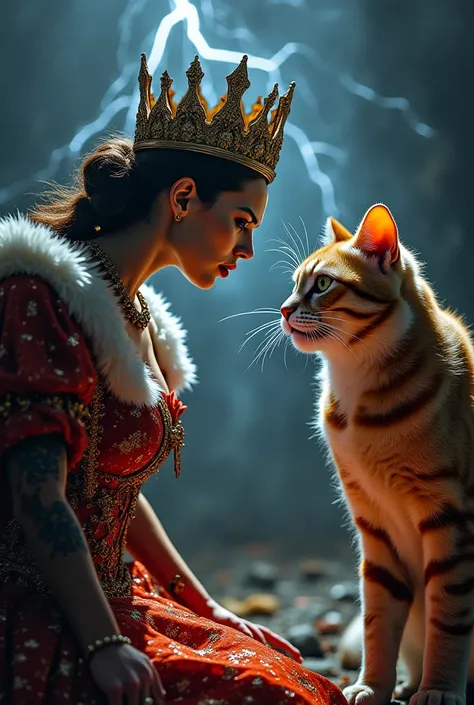 An intense scene depicting a regal queen and a fierce cat facing each other in an angry confrontation. The queen is adorned in an elaborate gown with a fiery, defiant expression, holding her posture with authority. The cat, with sharp, glowing eyes and fur...