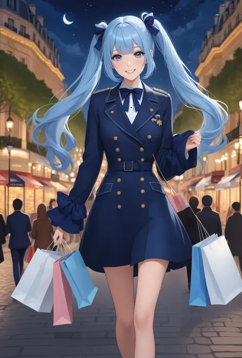  long light blue hair 、 Beautiful Girl with Twin Tails 、Walking through the Champs-Élysées on a moonlit night with shopping bags in hand、navy blue costume、The Arc de Triomphe is visible、smile、