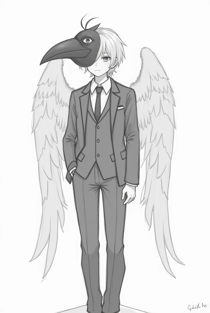 Simple anime pencil sketch of a male angel in a suit wearing a crow mask