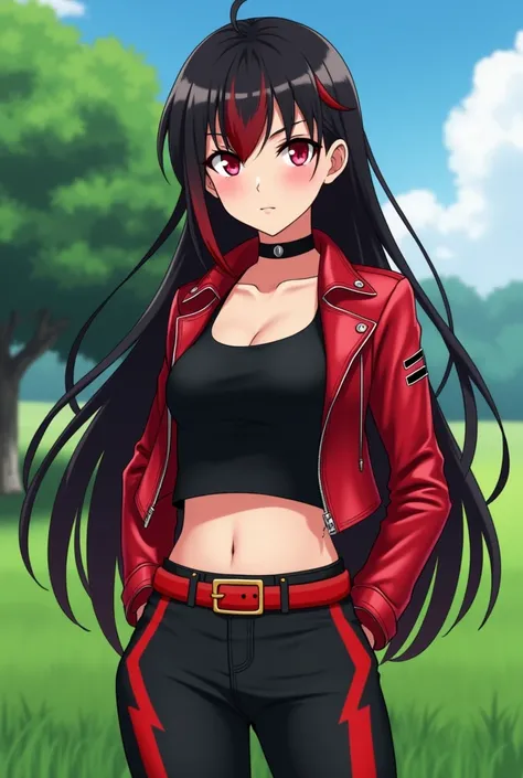 A anime 2D girl, name Flare, her hair is long black with red tips, her eyes are crimson red, and her outfit is red leather jacket, and her black tank top. She wears also choker. And her black long tight pants with side red lightning stripes wide, and she w...