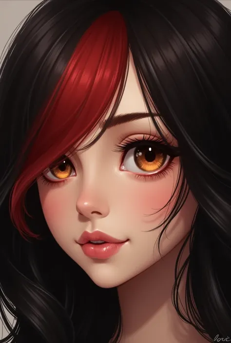  Draw me a picture of my wife Joice ,  she has big black hair with a red lock on the front,  with beautiful brown eyes and a scratchy eyebrow ,and she is extremely beautiful and wonderful  