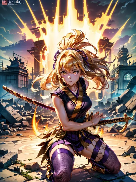 (((highest quality)), ((masterpiece)), (((4k)))、(Familiar), Perfect Face,Shiny skin,Beautiful breasts,Shiny skin、Golden Eyes、Sunburned skin、night、Holding a Japanese sword、ruins、Combat Stance、Fishnet tights、blond Hair、spats、inner、Purple clothes、Wearing a go...