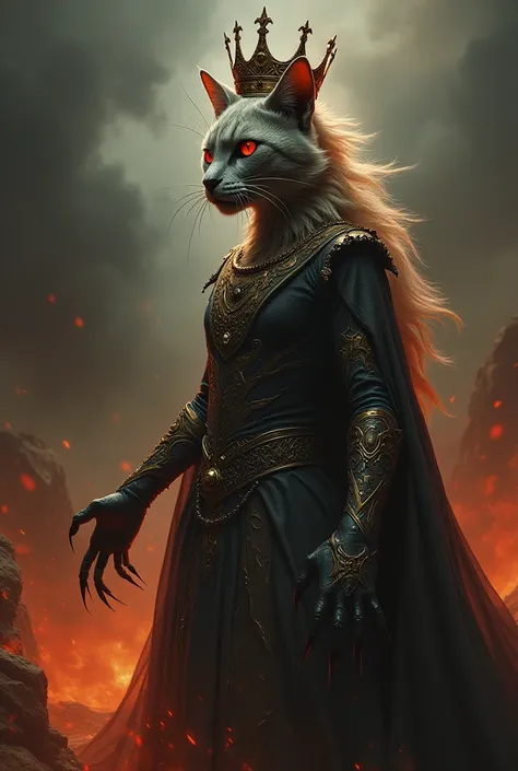 A hybrid entity combining the features of a regal queen and a fierce cat, creating a monstrous and dangerous appearance. The creature has the queens crown and royal robes merged with feline characteristics like sharp claws, glowing eyes, and fur, forming a...