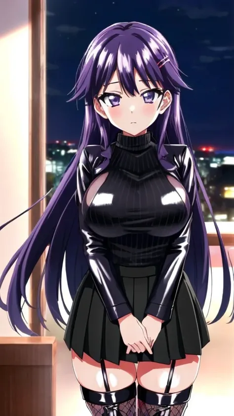 8k Masterpiece ,  color spots ,  high resolution,  very detailed face , detailed computer graphics, one,   girl , Chizuru-chan Kaihatsunikki, mature,  sexy , spread pussy,  purple hair ,  long hair ,  hair clip ,   purple eyes, ((black latex pleated skirt,...