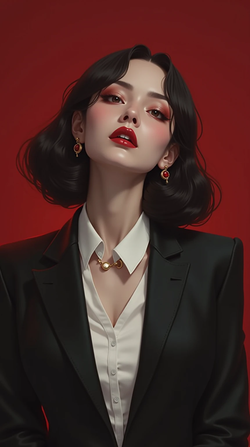 Woman in a black suit and white shirt with red background , inspired Cheng Yan Jun ,  Gooways style work ,  bisexual vampire , Bowater-style ,  Traditional Cambodian digital art of a woman wearing a green and purple top and red skirt, High quality portrait...