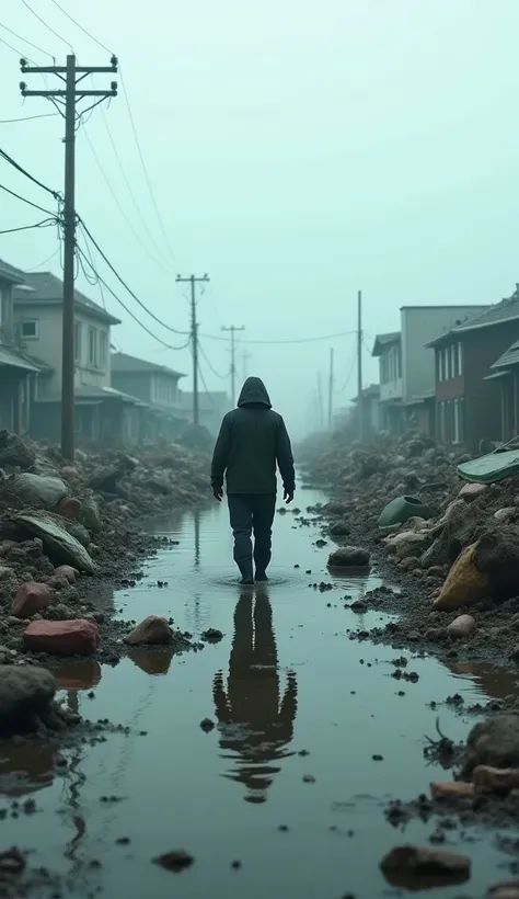  walking through the wreckage of a flood 