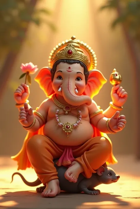 in cinematic 3d cartoon style "Scene: Lord Ganesha Sitting on the Mouse
Lord Ganesha is seated majestically on his tiny, yet powerful mouse (Mushak), who looks up at him with reverence. Ganesha is adorned in traditional attire with a garland of flowers and...