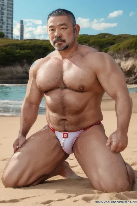 Japanese middle-age male, (full nude, only white fundoshi,) muscular, hairy body, blush, Huge nice bulge, Sitting on the floor, realistic, on the beach, evening