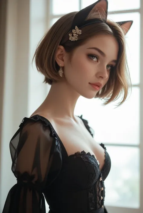 A pretty girl wearing a black dress, her eyes deep pretty, Short hair, and her head have a cats ear