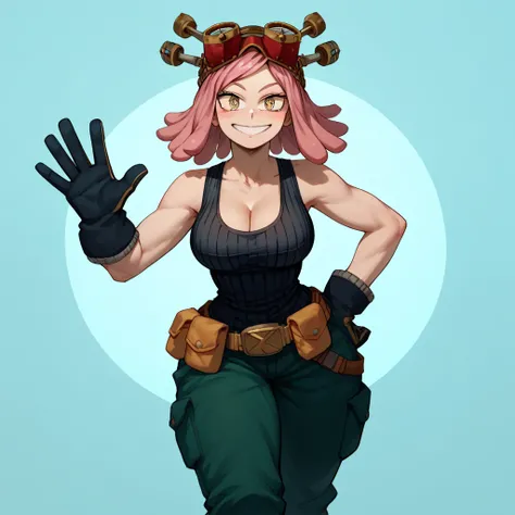 1girl, solo, h4tsume-m3i, yellow eyes, pink hair, medium hair, symbol-shaped pupils, big breasts, wide hips, thick thighs, black ribbed tank top, cleavage, goggles, goggles on head, clothes around waist, black gloves, dark green pants, blushed, smile, stan...