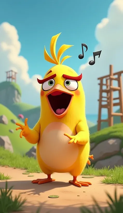 The character in the original Angry Birds cartoon named Chuck is standing and singing