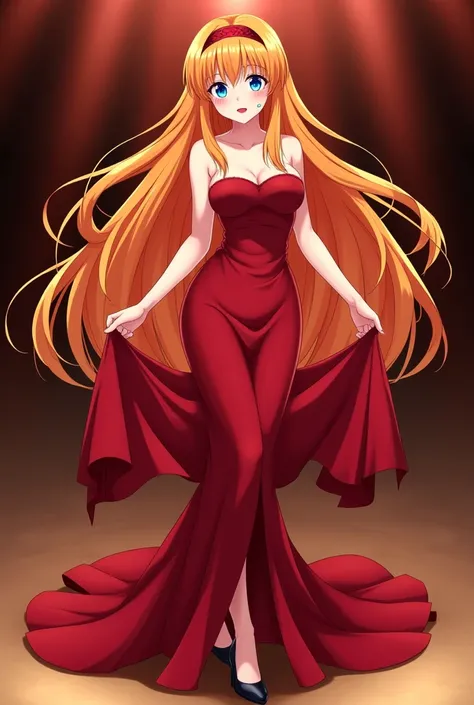 Anime style 
Woman
Orange hair
Long hair
Fringe hair
Blue eyes
Red lips
Red dress 
Long dress
Dress elegant 
Dress formal
Mermaid long dress
Covered legs with dress 
Covered feets with dress 
Red hairband
Black heels
Gala party hall
party event