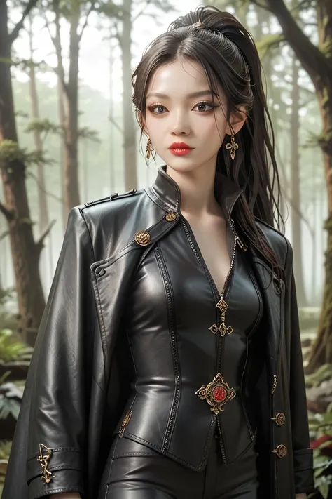 A cute young beautiful asian woman shemale, dark haired, pale skin, dark eyes, asian slanted eyes, long hairs, red lips, dressed, long black leather coat, leather pants, blouse, sword with sheath, earring, vampire hunter style, renaissance style, high pony...