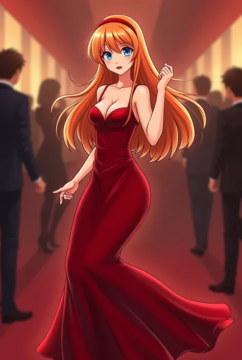 Anime style 
Woman
Orange hair
Long hair
Fringe hair
Blue eyes
Red lips
Red dress 
Long dress
Dress elegant 
Dress formal
Mermaid long dress
Covered legs with dress 
Covered feets with dress 
Red hairband
Black heels
Gala party hall
party event
Dancing
Dan...