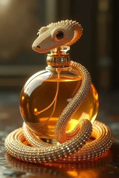 Gold perfume bottle surrounded by a diamond snake