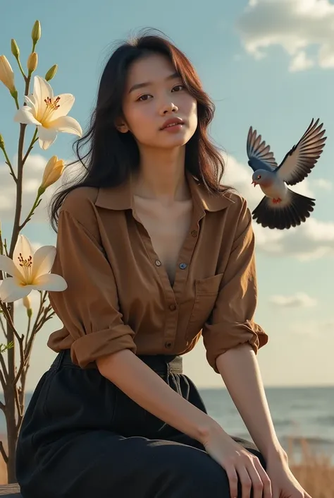 A beautiful logo with a pair of beautiful doves with a tail of black color Next to the dove To the right of the dove,  is a beautiful Korean woman , beautiful eyes, brown shirt ,  wears a long black denim skirt ,  She sits on a black crystal chair ,  white...