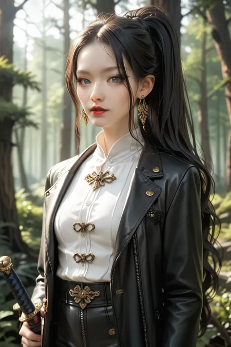 A cute young beautiful asian woman shemale, dark haired, pale skin, grey eyes, asian slanted eyes, long hairs, red lips, dressed, long black leather coat, leather pants, blouse, sword with sheath, earring, vampire hunter style, renaissance style, high pony...