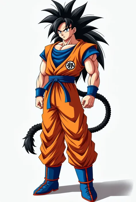  A Saiyan with a lot of pointed muscular hair ,  Who wears an orange Gi with a blue t-shirt underneath that covers his forearms,  He also has blue military boots and blue wristbands , He has a long monkey tail too 