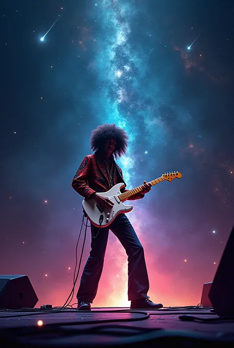 Create a stage set against the backdrop of outer space with Jimmy Hendrix playing a left-handed white Fender Stratocaster electric guitar 