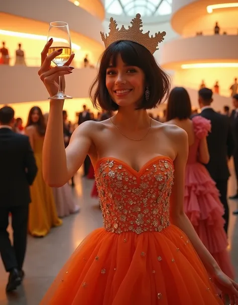 Full body shot of a young woman with dark brown hair cut into a bob with messy bangs. She is standing on a staircase in the lobby of the Guggenheim at a well-populated gala at night. She is short and is smiling. She is wearing a fabulous Dior gown and a si...