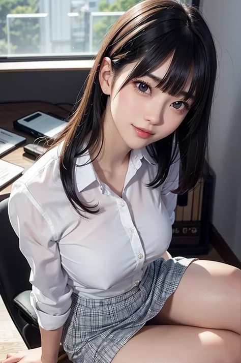 beautiful one 20 years old Japanese office woman, masterpiece, ultra fine image, 8k resolution, detailed face, natural smile, detailed twinkling eyes, short hair, blush, perfect body structure, (wearing office uniform with (black) tight mini skirt), extrem...